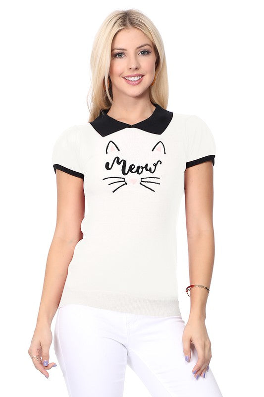 Meow Cat Jacquard Cap Sleeve Pullover Sweater