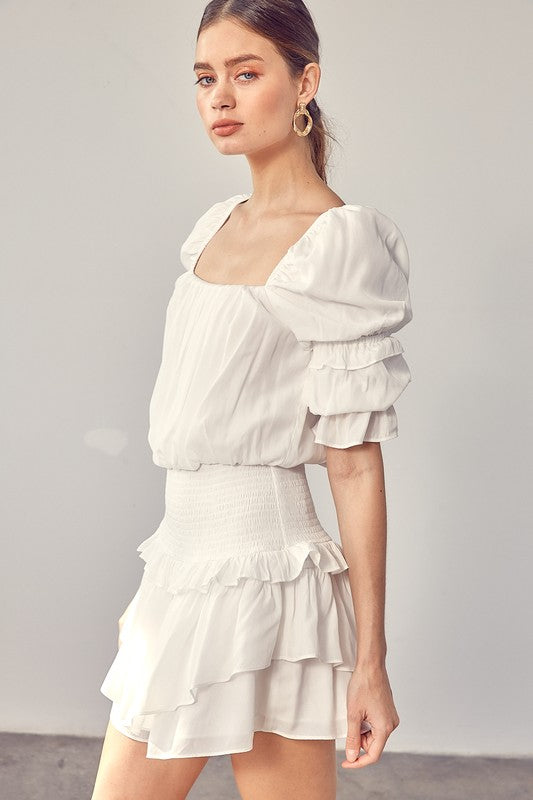 A Puff Sleeve Smocked Waist Romper