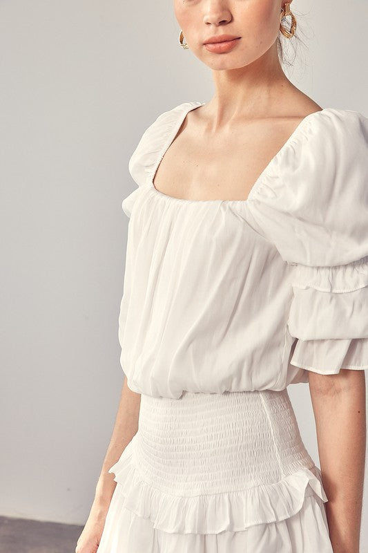 A Puff Sleeve Smocked Waist Romper