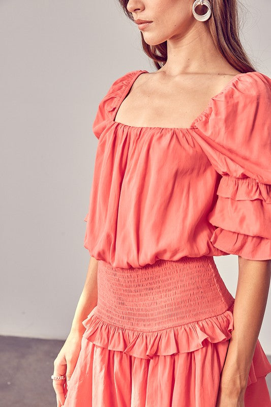 A Puff Sleeve Smocked Waist Romper