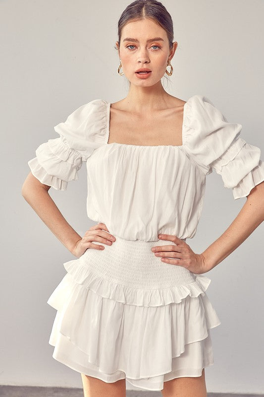 A Puff Sleeve Smocked Waist Romper