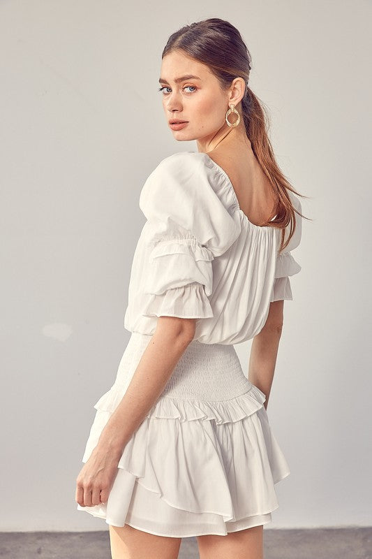 A Puff Sleeve Smocked Waist Romper