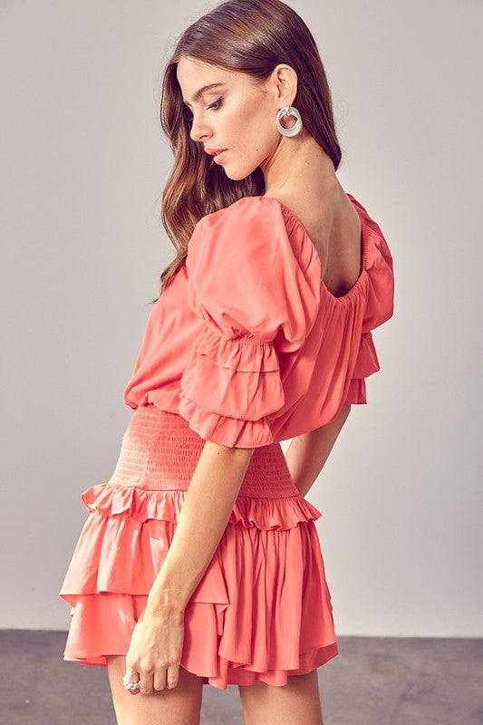 A Puff Sleeve Smocked Waist Romper