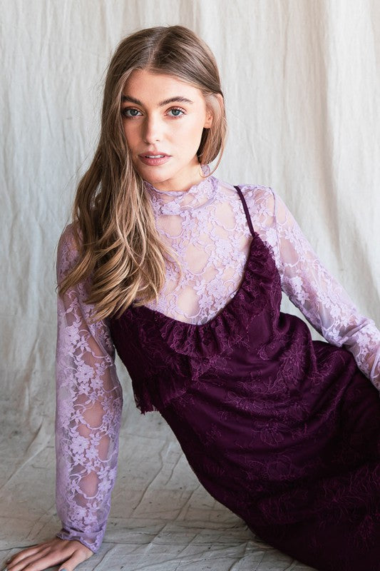 A Floral print lace long sleeves top