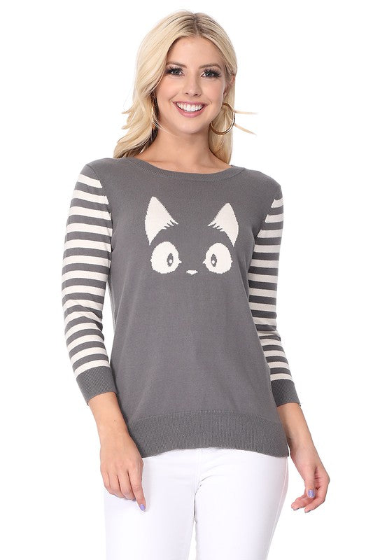 Kitty Cat Jacquard Casual Crewneck PulloverSweater