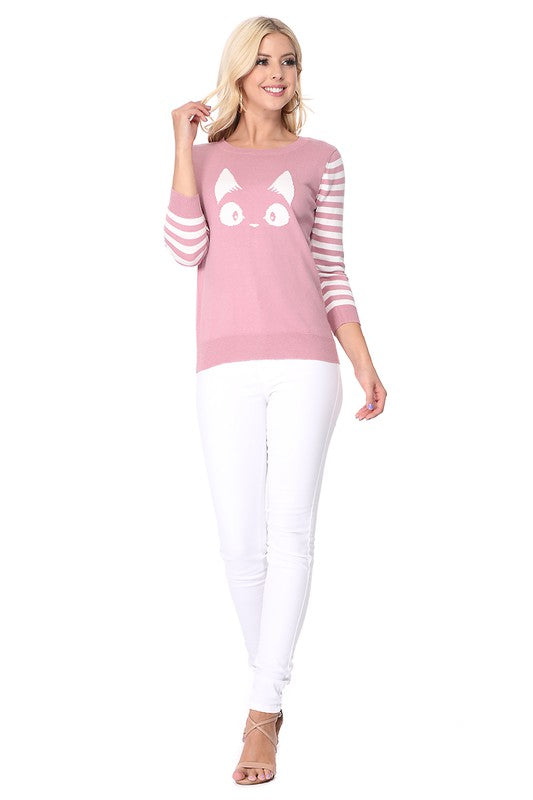 Kitty Cat Jacquard Casual Crewneck PulloverSweater