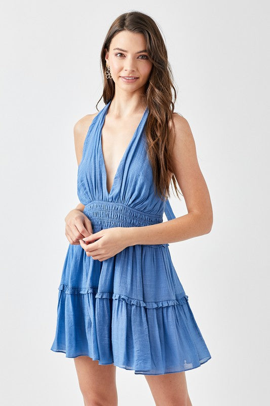 A Halter Neck Smocked Ruffle Dress